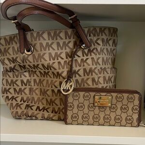 Michael Kors Brown Monogram Tote with Gold Accents